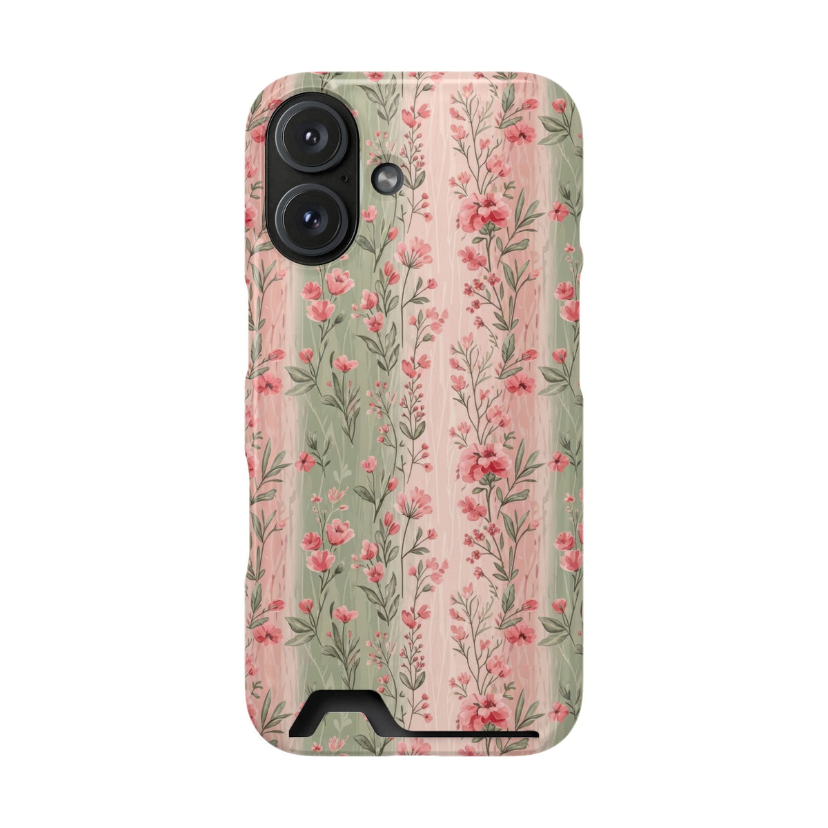 Rose Garden Stripe phone case with card holder for iPhone 16, glossy finish
