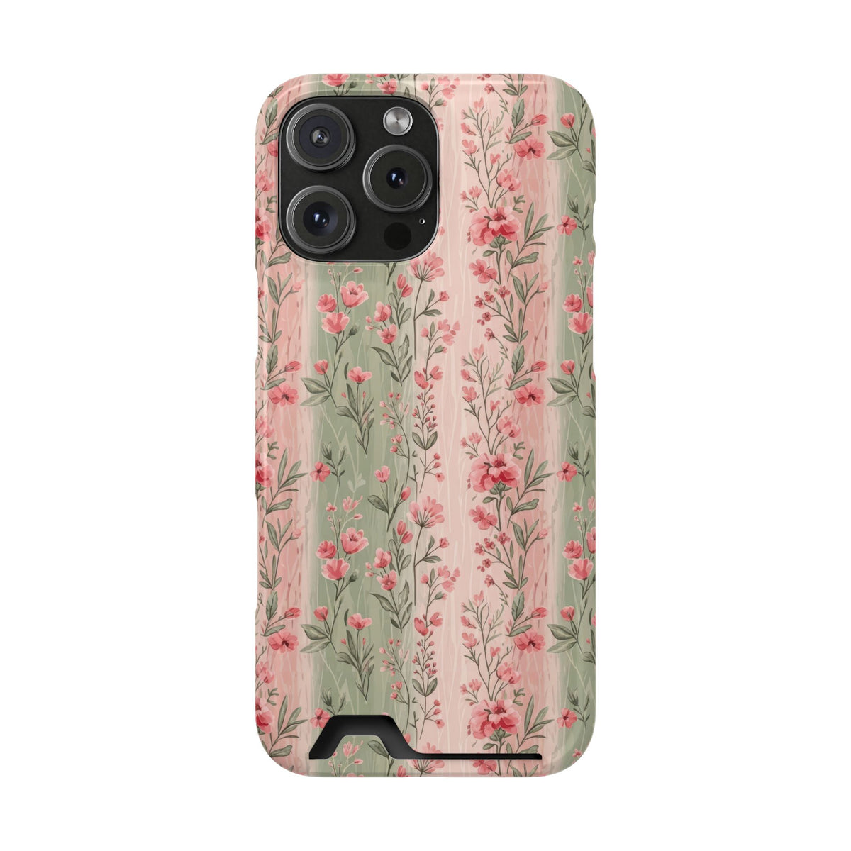 Rose Garden Stripe phone case with card holder for iPhone 16 Pro Max, glossy finish