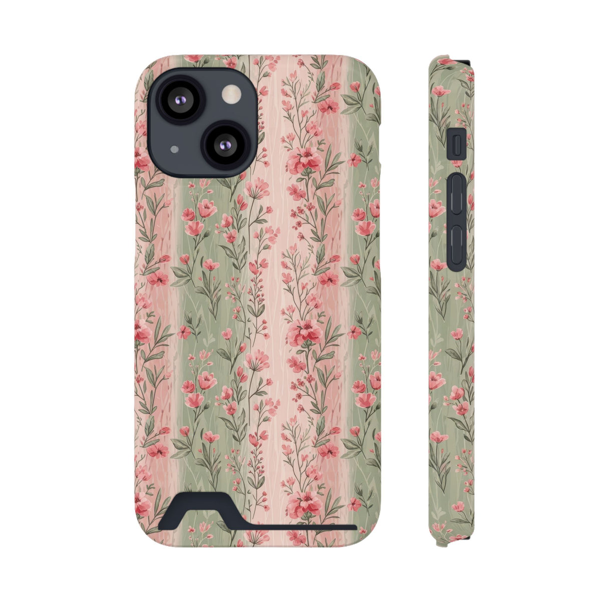 Rose Garden Stripe phone case with card holder for iPhone 13 Mini, glossy finish