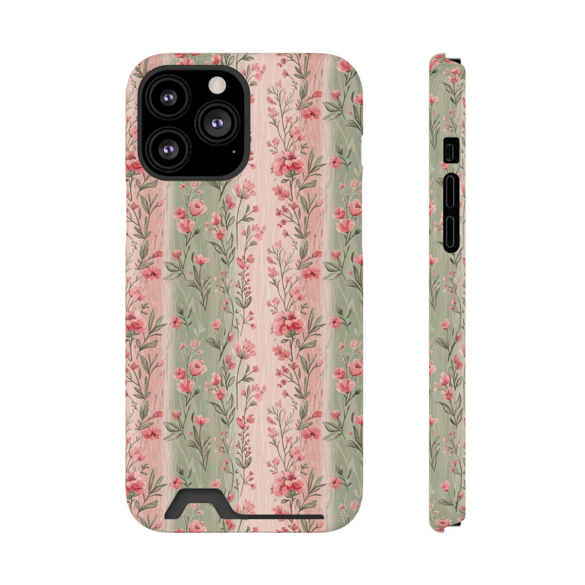 Rose Garden Stripe phone case with card holder for iPhone 13 Pro Max, glossy finish