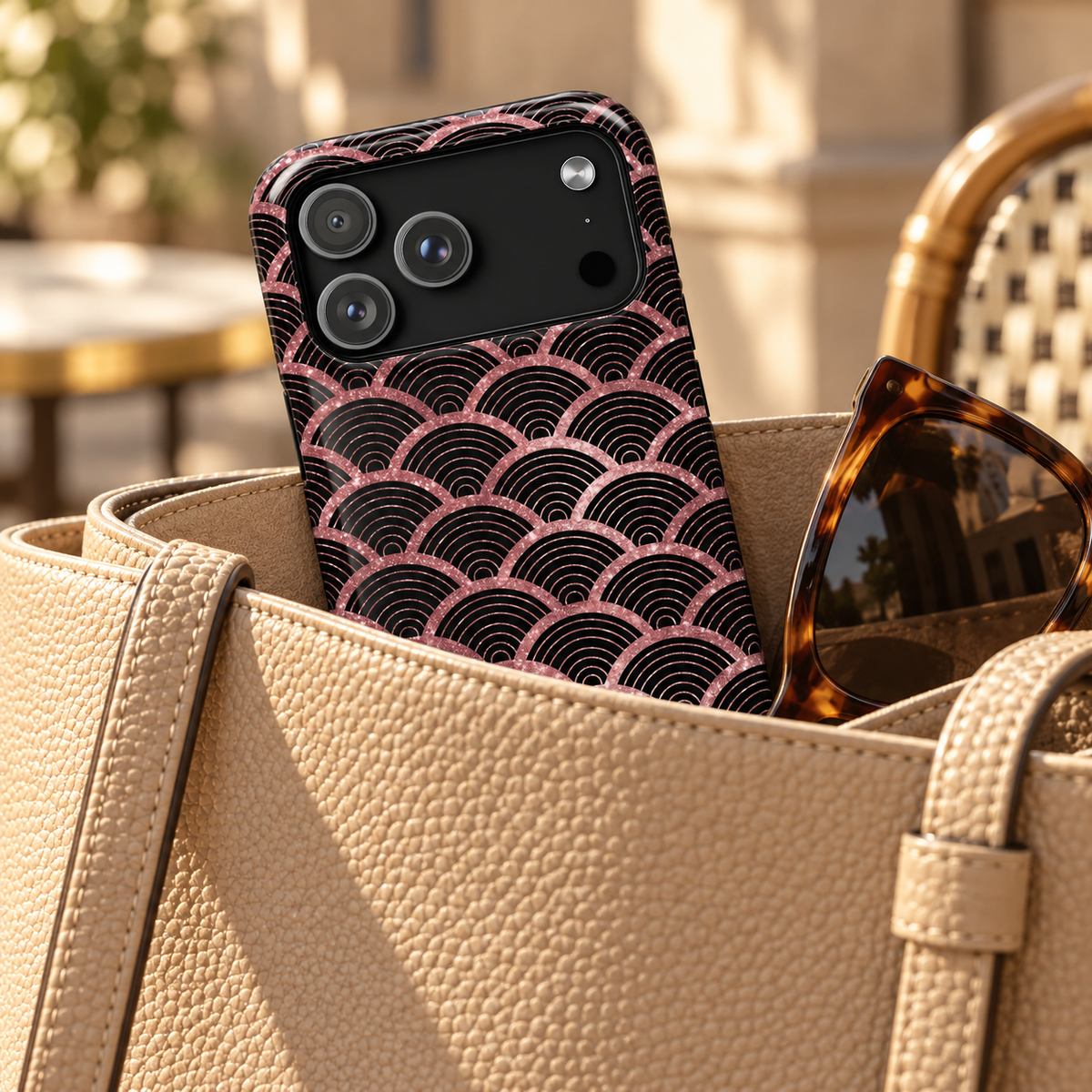 Rose Gold Scale protective phone case, rose gold mermaid scales on black, lifestyle photo in a handbag