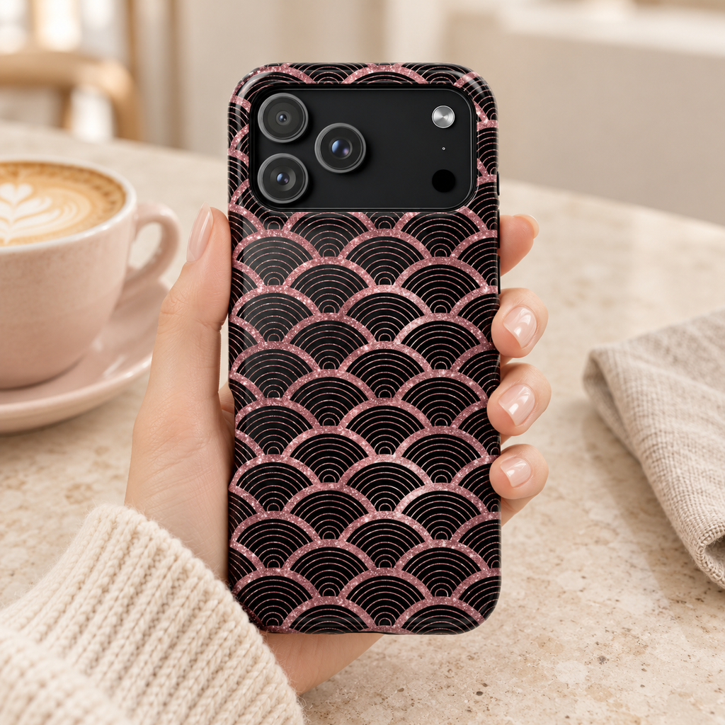 Rose Gold Scale MagSafe case, rose gold mermaid scales on black, lifestyle photo in hand with coffee