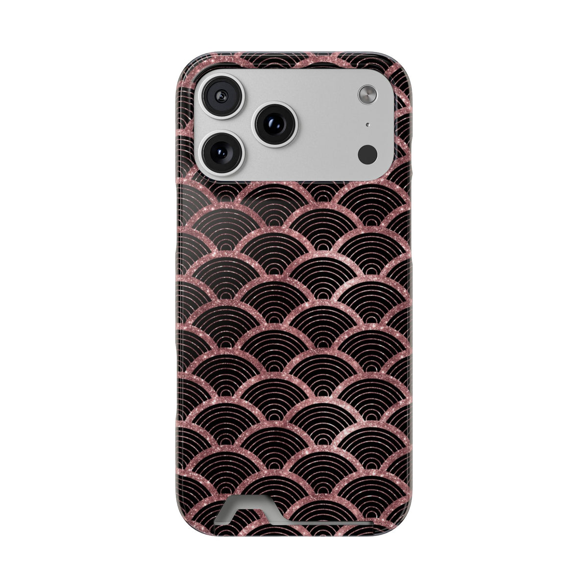 Rose Gold Scale phone case with card holder for iPhone 17 Pro Max, glossy finish