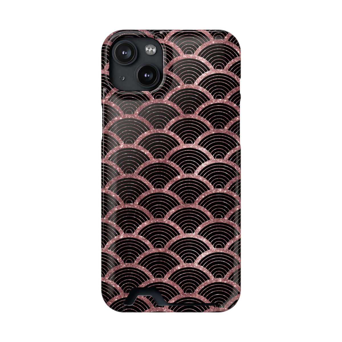 Rose Gold Scale phone case with card holder for iPhone 14 Plus, glossy finish