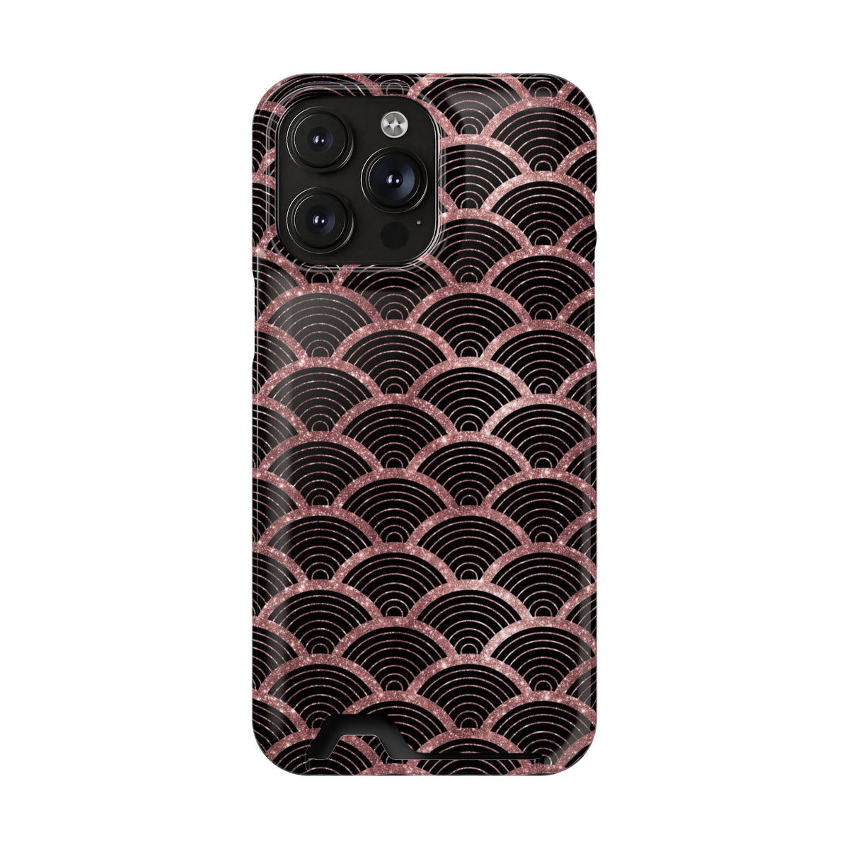 Rose Gold Scale phone case with card holder for iPhone 14 Pro Max, glossy finish