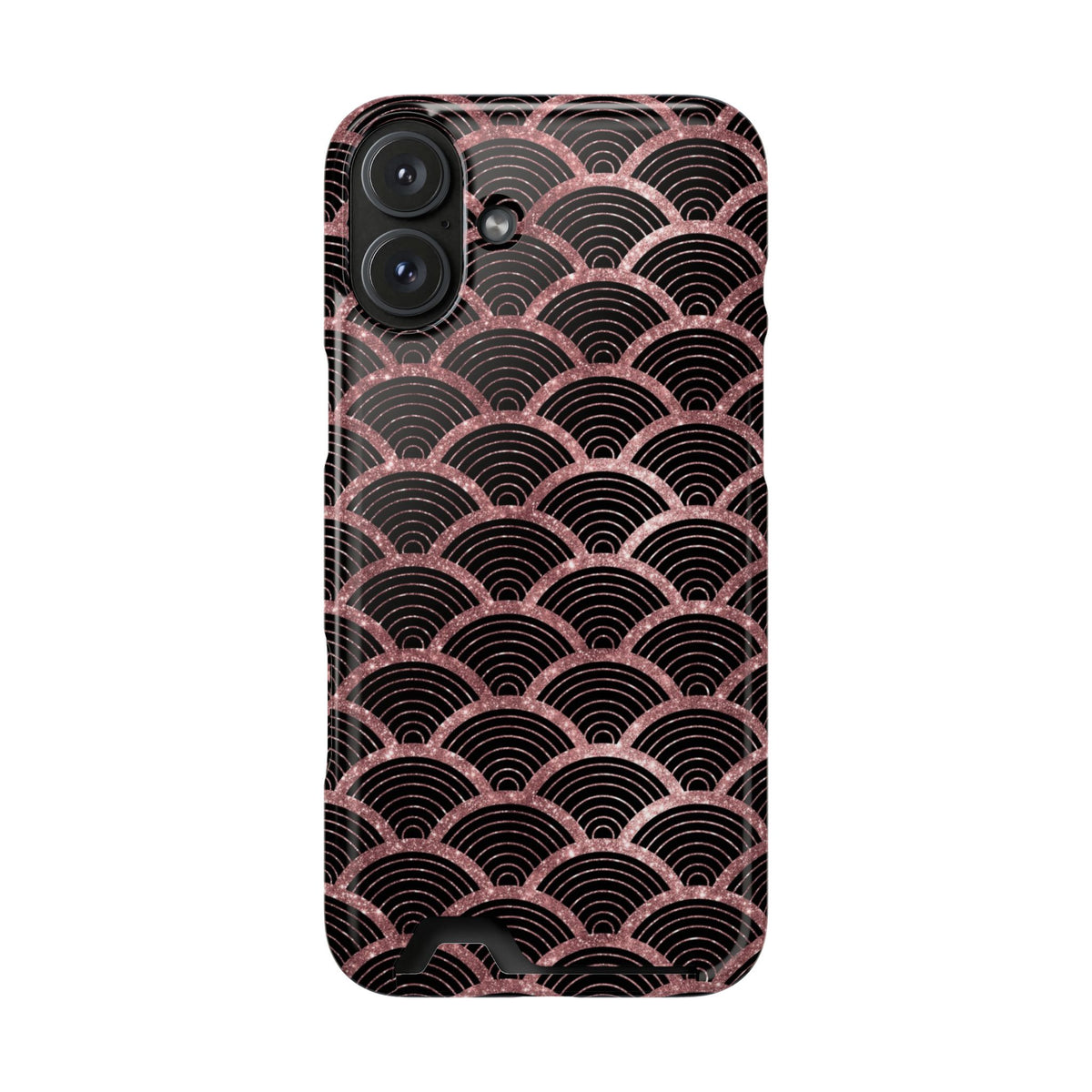 Rose Gold Scale phone case with card holder for iPhone 16 Plus, glossy finish