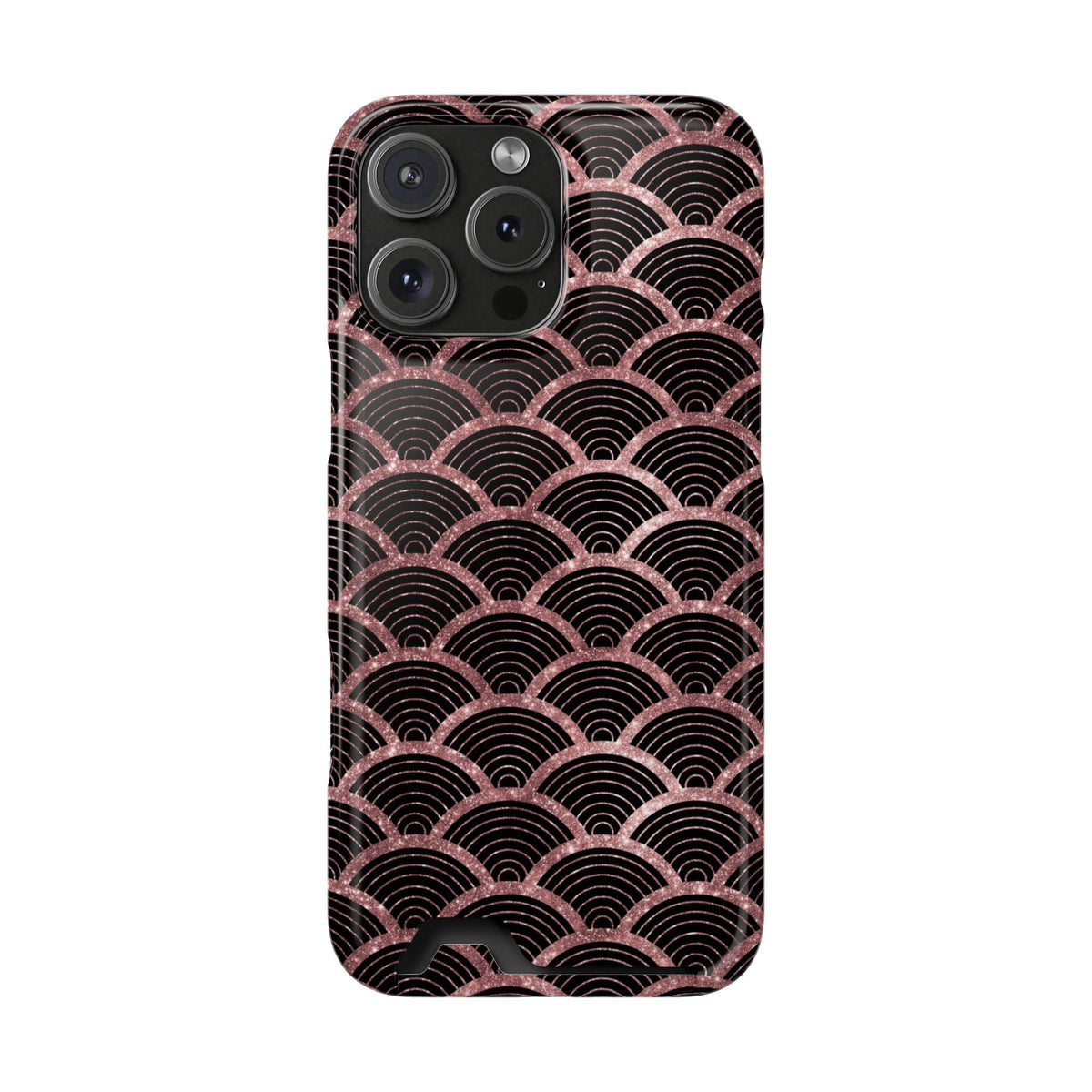 Rose Gold Scale phone case with card holder for iPhone 16 Pro Max, glossy finish