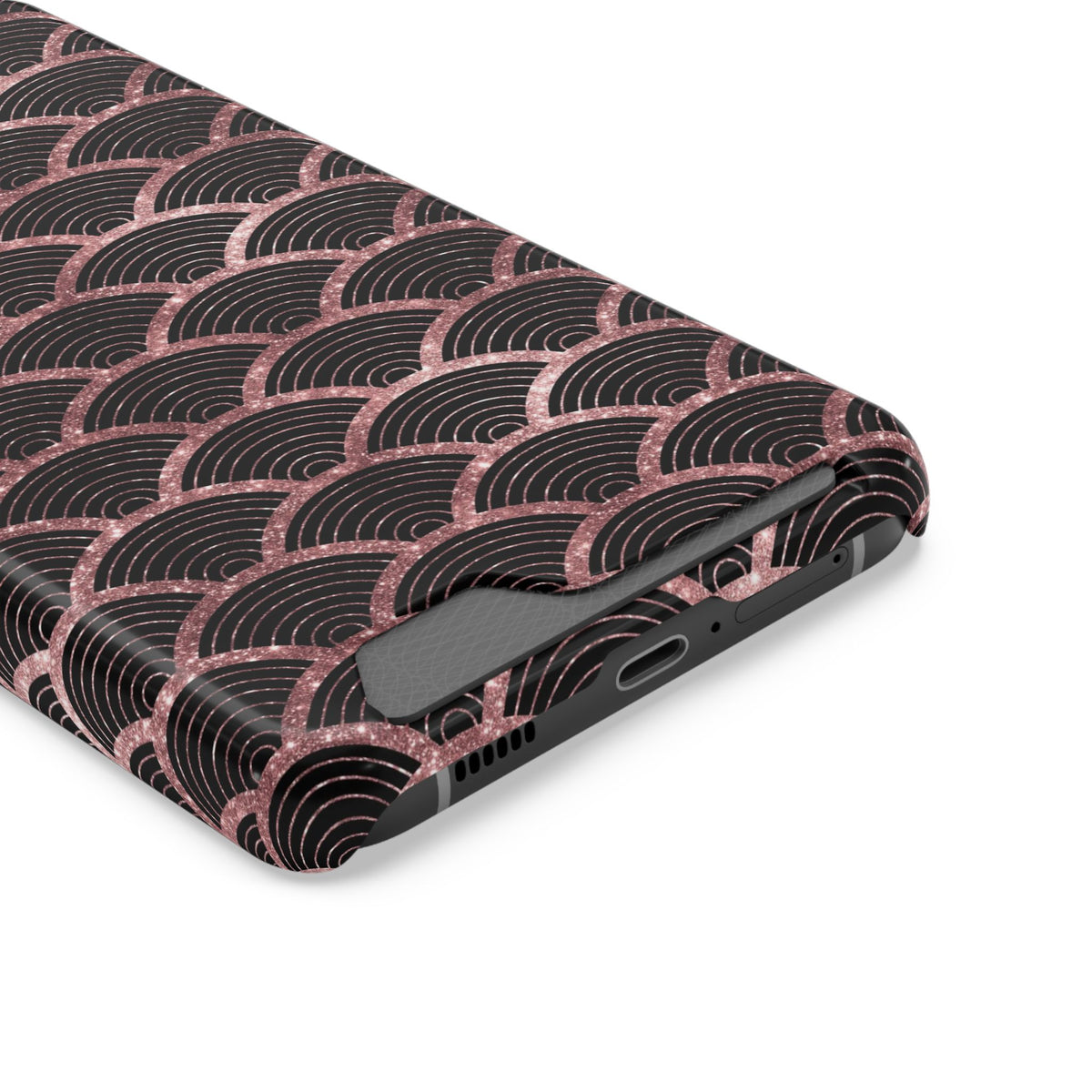 Rose Gold Scale phone case with card holder, close-up of the card slot