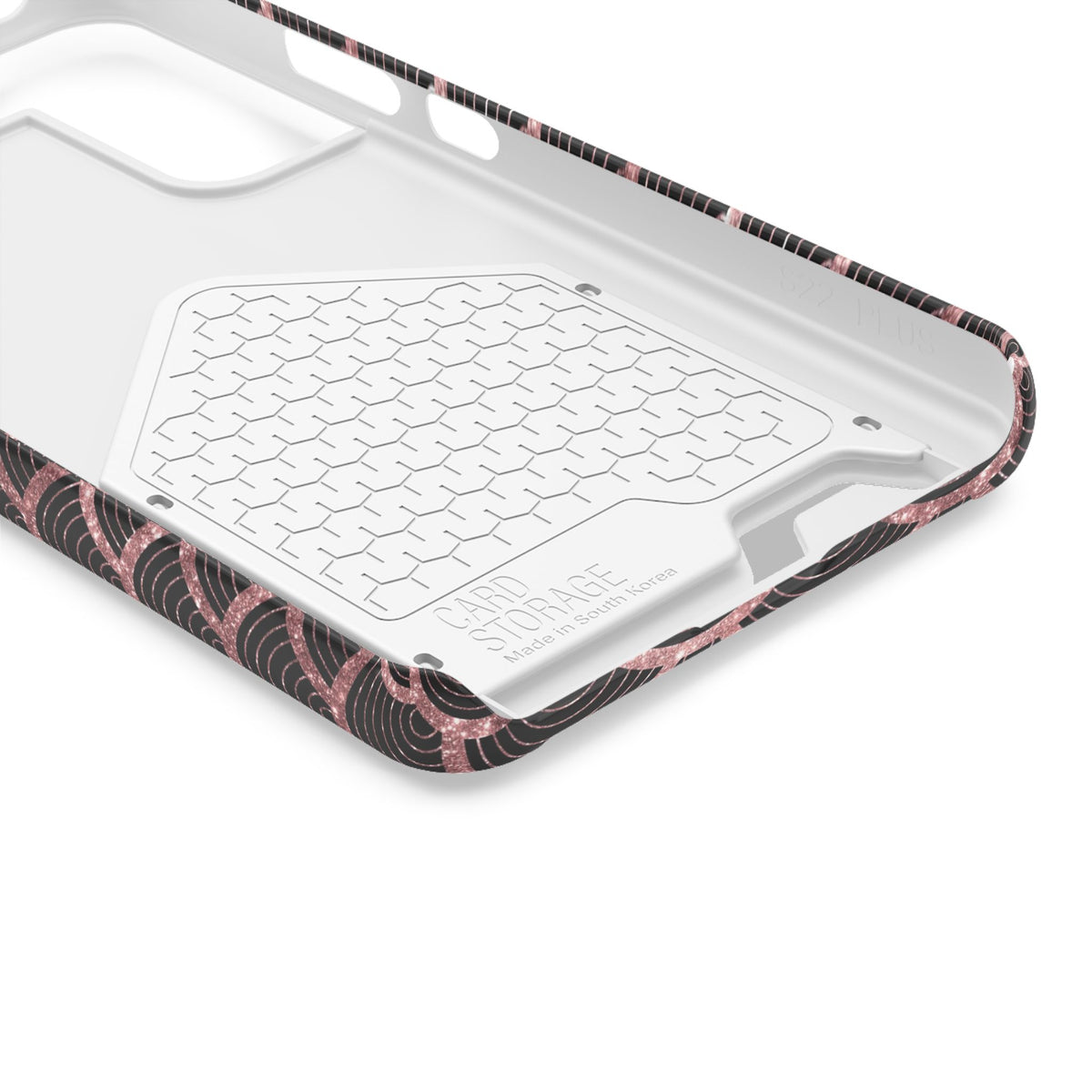 Rose Gold Scale phone case with card holder, close-up of the inside
