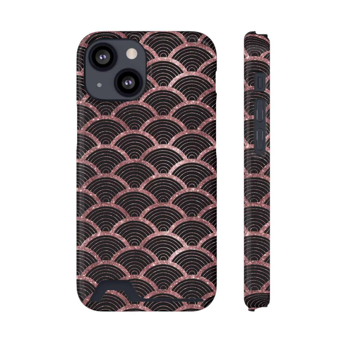 Rose Gold Scale phone case with card holder for iPhone 13 Mini, glossy finish