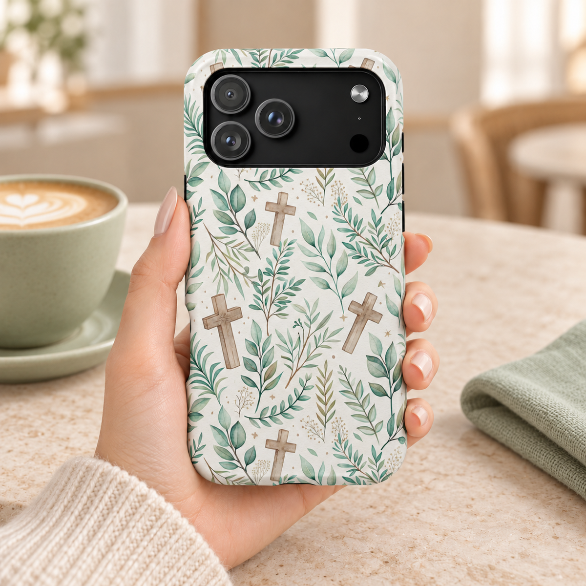 Sage Cross protective phone case, wooden crosses among sage leaves on cream, lifestyle photo in hand with coffee