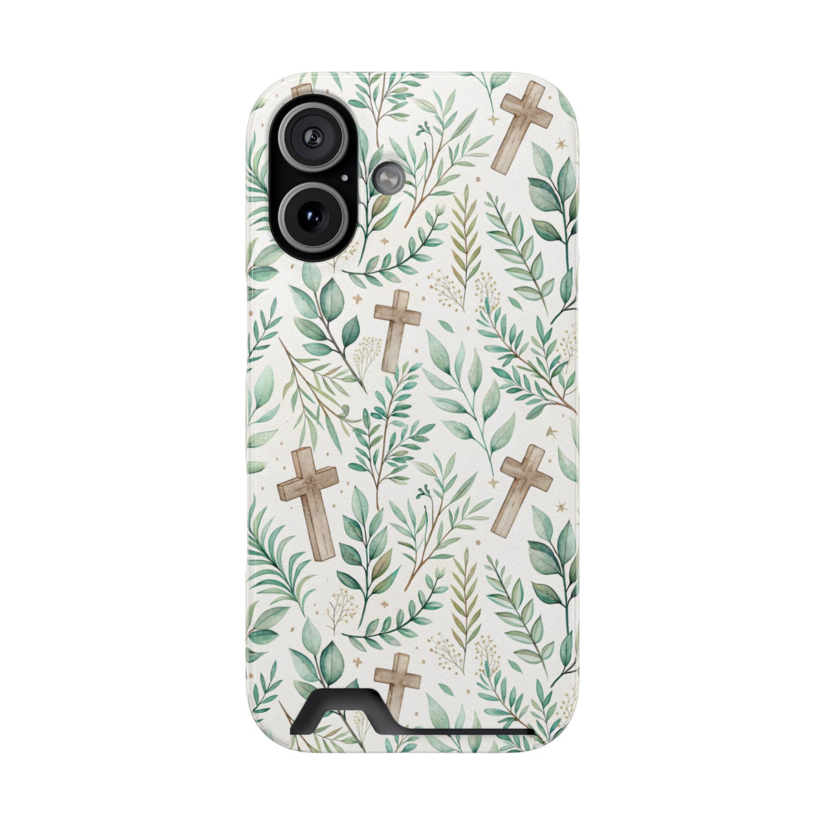 Sage Cross phone case with card holder for iPhone 17, glossy finish
