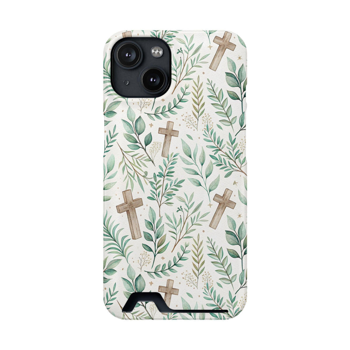 Sage Cross phone case with card holder for iPhone 14, glossy finish