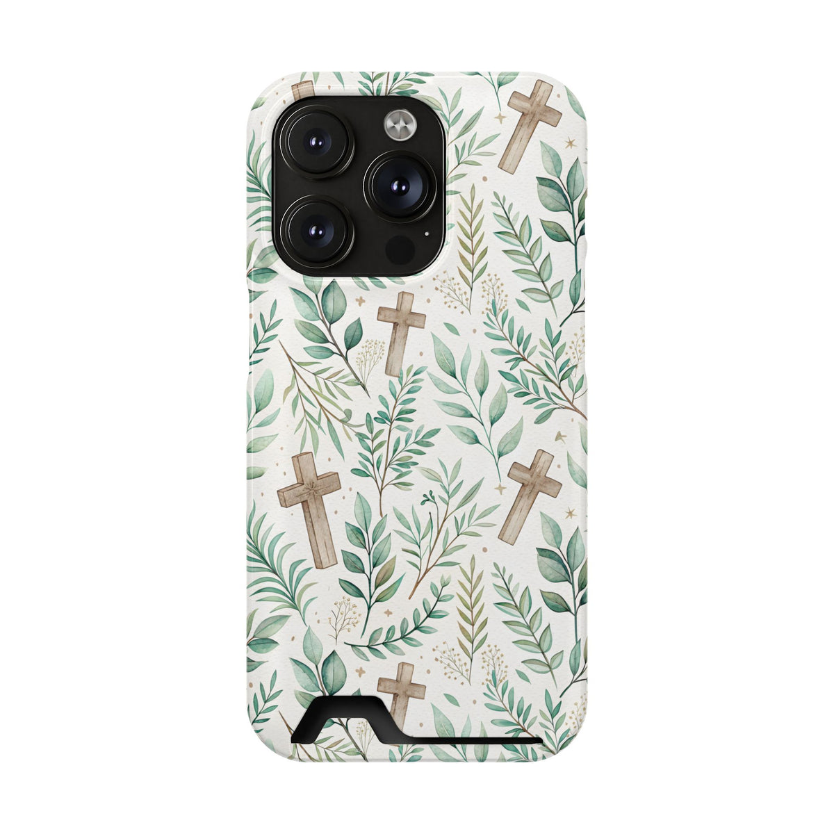 Sage Cross phone case with card holder for iPhone 14 Pro, glossy finish