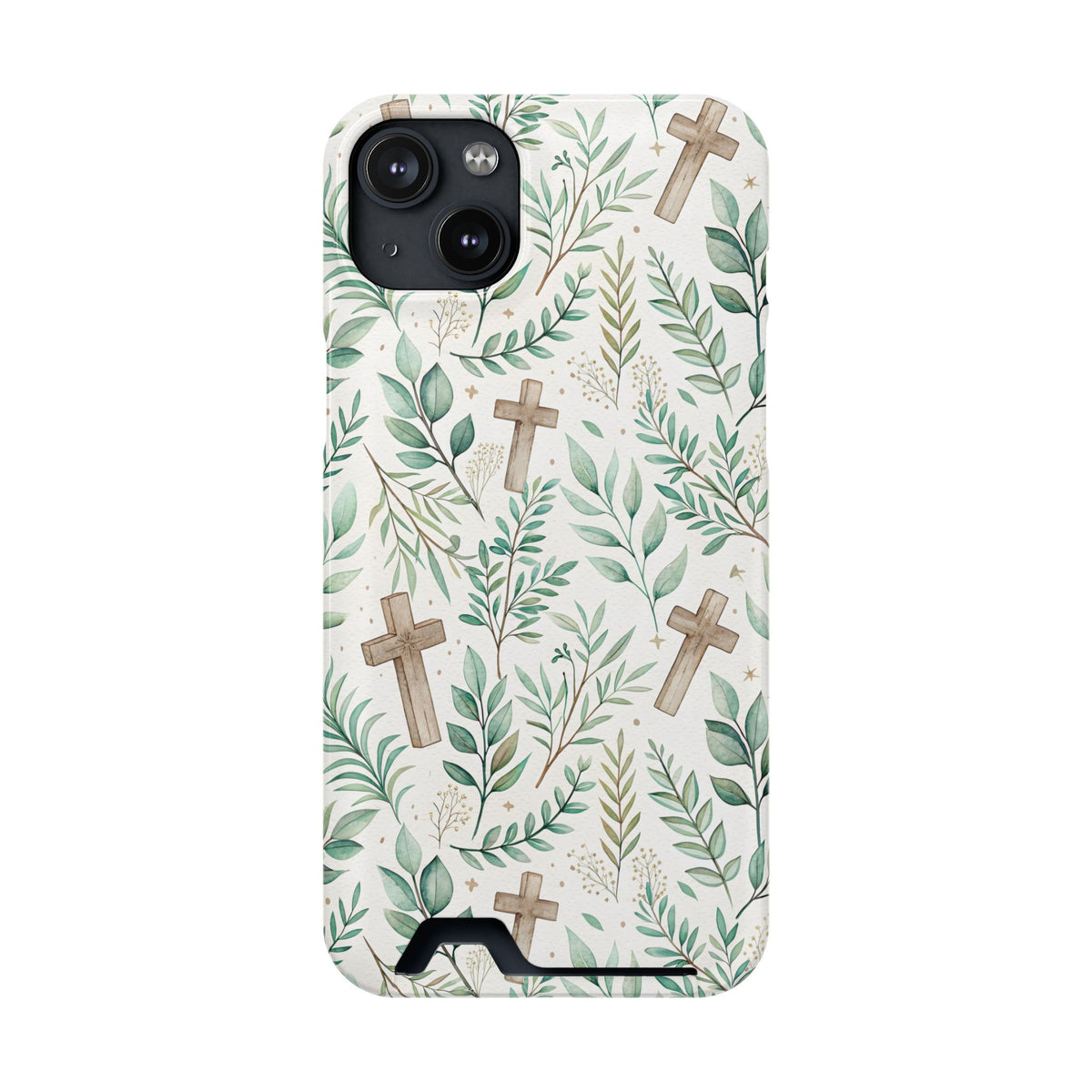 Sage Cross phone case with card holder for iPhone 14 Plus, glossy finish