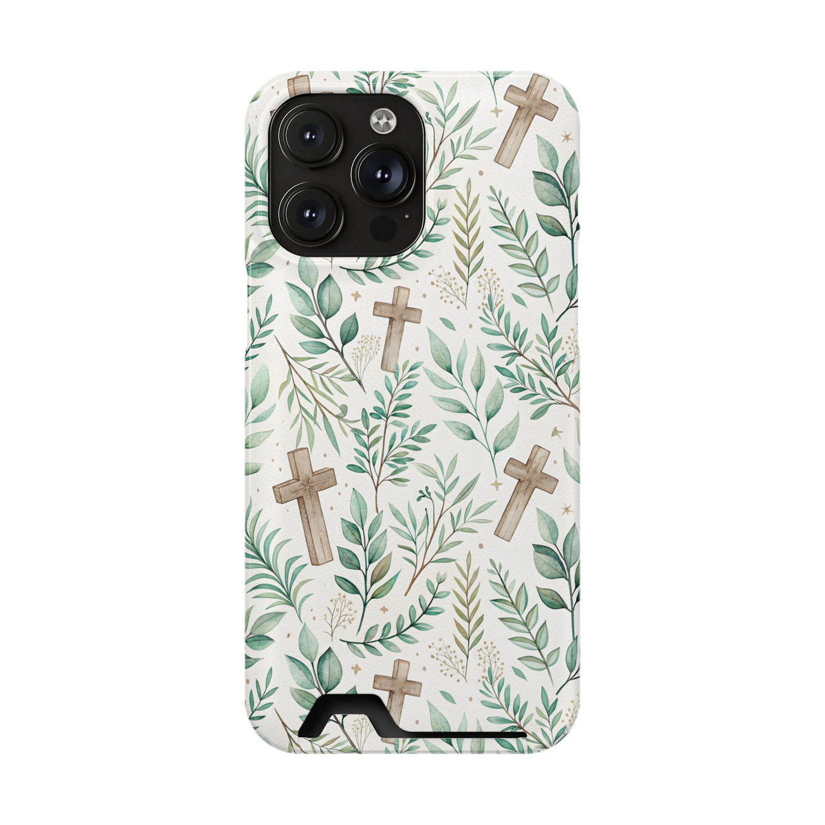 Sage Cross phone case with card holder for iPhone 14 Pro Max, glossy finish