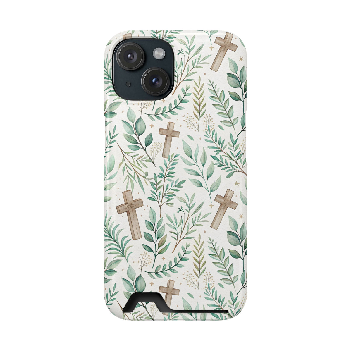 Sage Cross phone case with card holder for iPhone 15, glossy finish