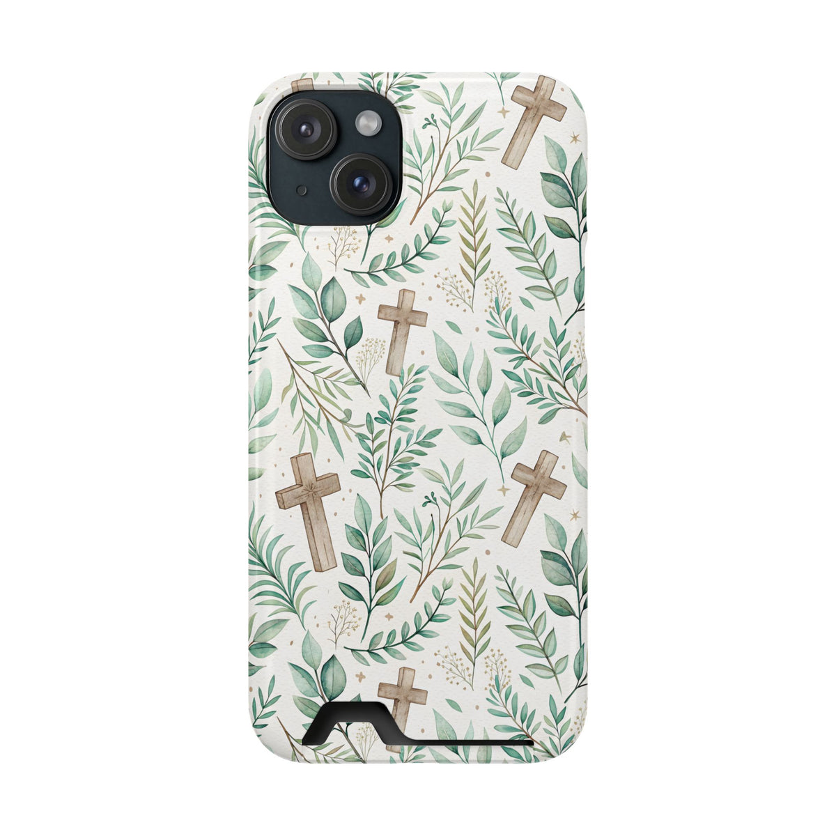 Sage Cross phone case with card holder for iPhone 15 Plus, glossy finish