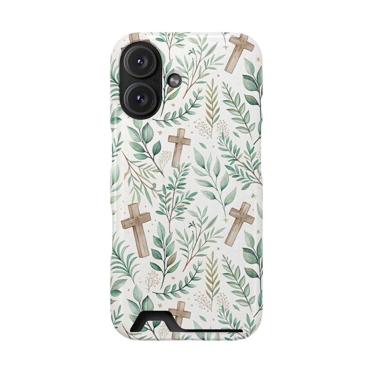 Sage Cross phone case with card holder for iPhone 16, glossy finish