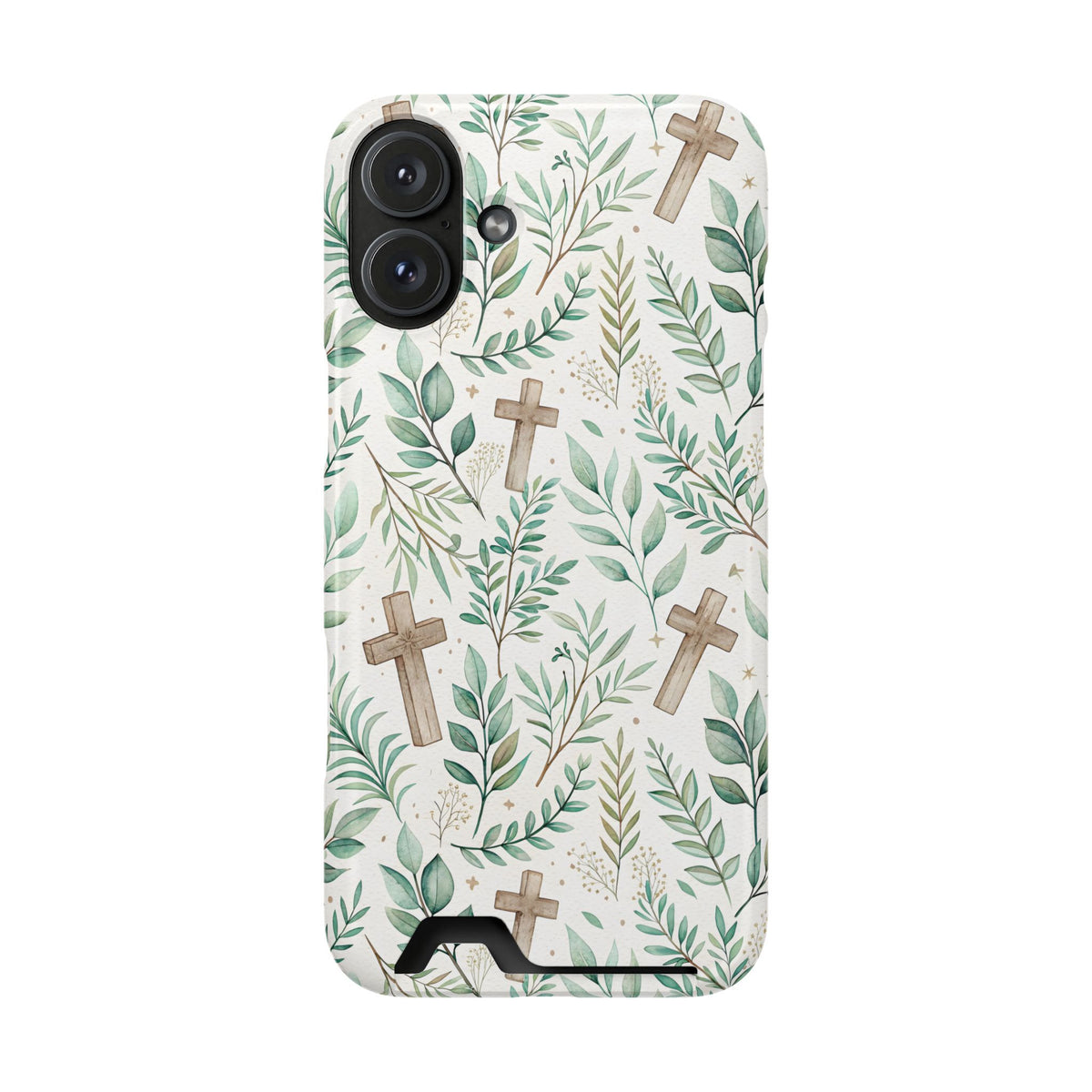 Sage Cross phone case with card holder for iPhone 16 Plus, glossy finish