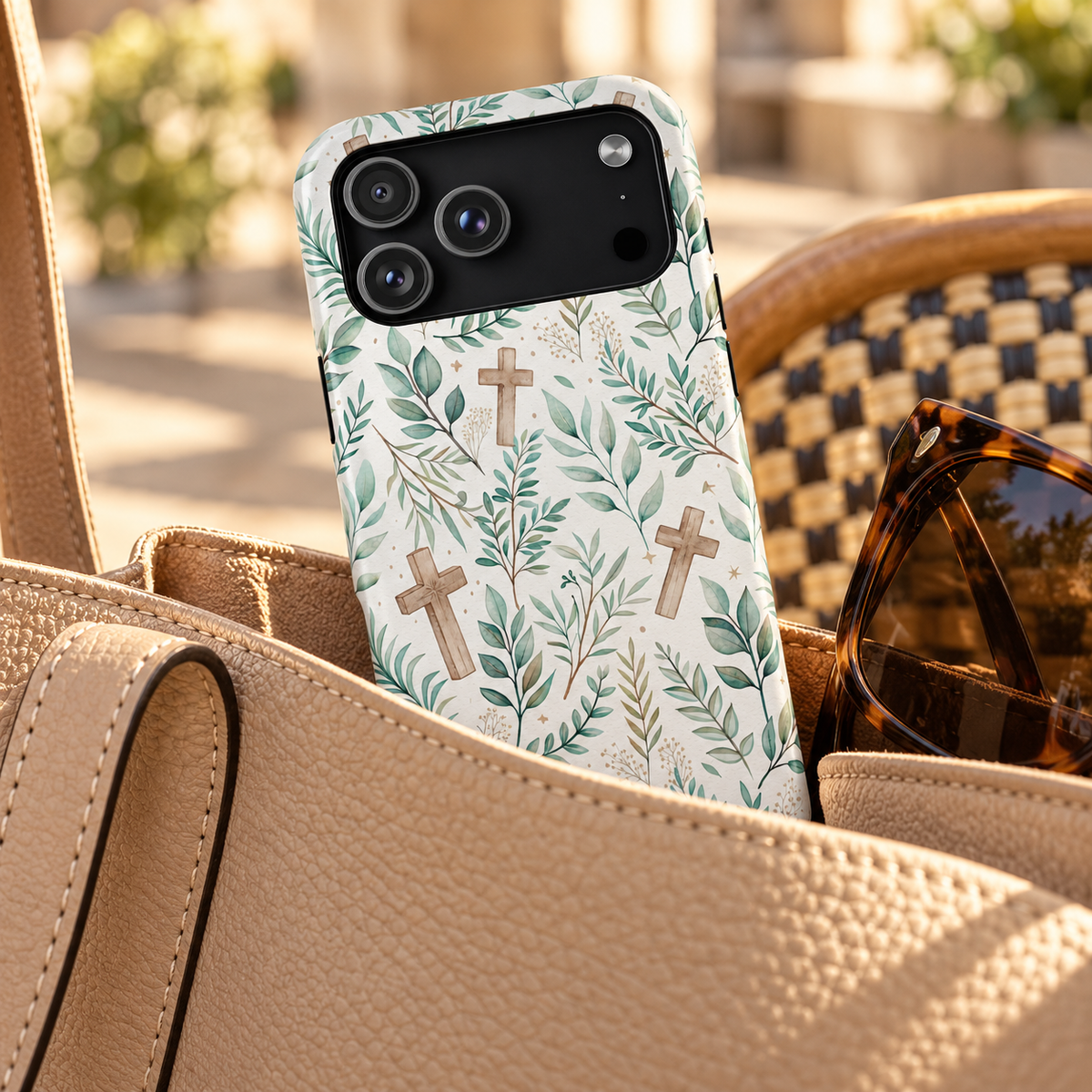 Sage Cross phone case with card holder, wooden crosses among sage leaves on cream, lifestyle photo in a handbag
