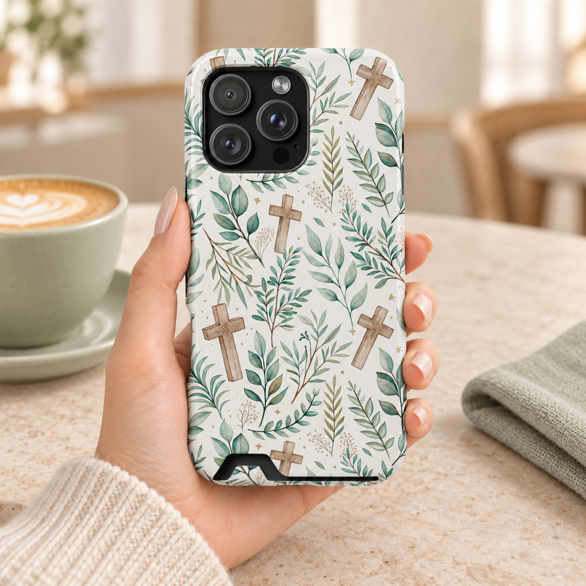 Sage Cross phone case with card holder, wooden crosses among sage leaves on cream, lifestyle photo in hand with coffee