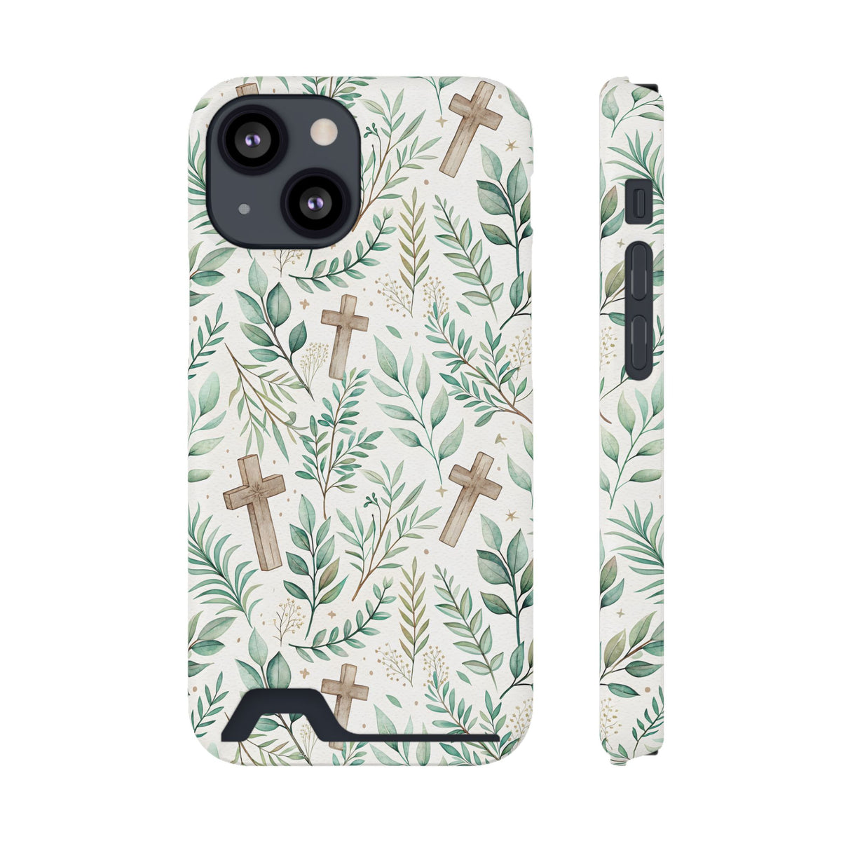 Sage Cross phone case with card holder for iPhone 13 Mini, glossy finish