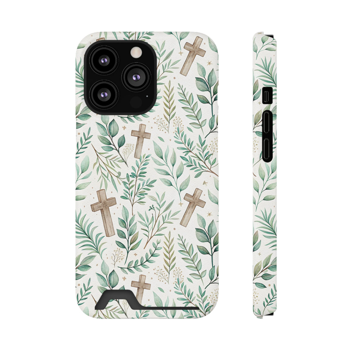 Sage Cross phone case with card holder for iPhone 13 Pro, glossy finish