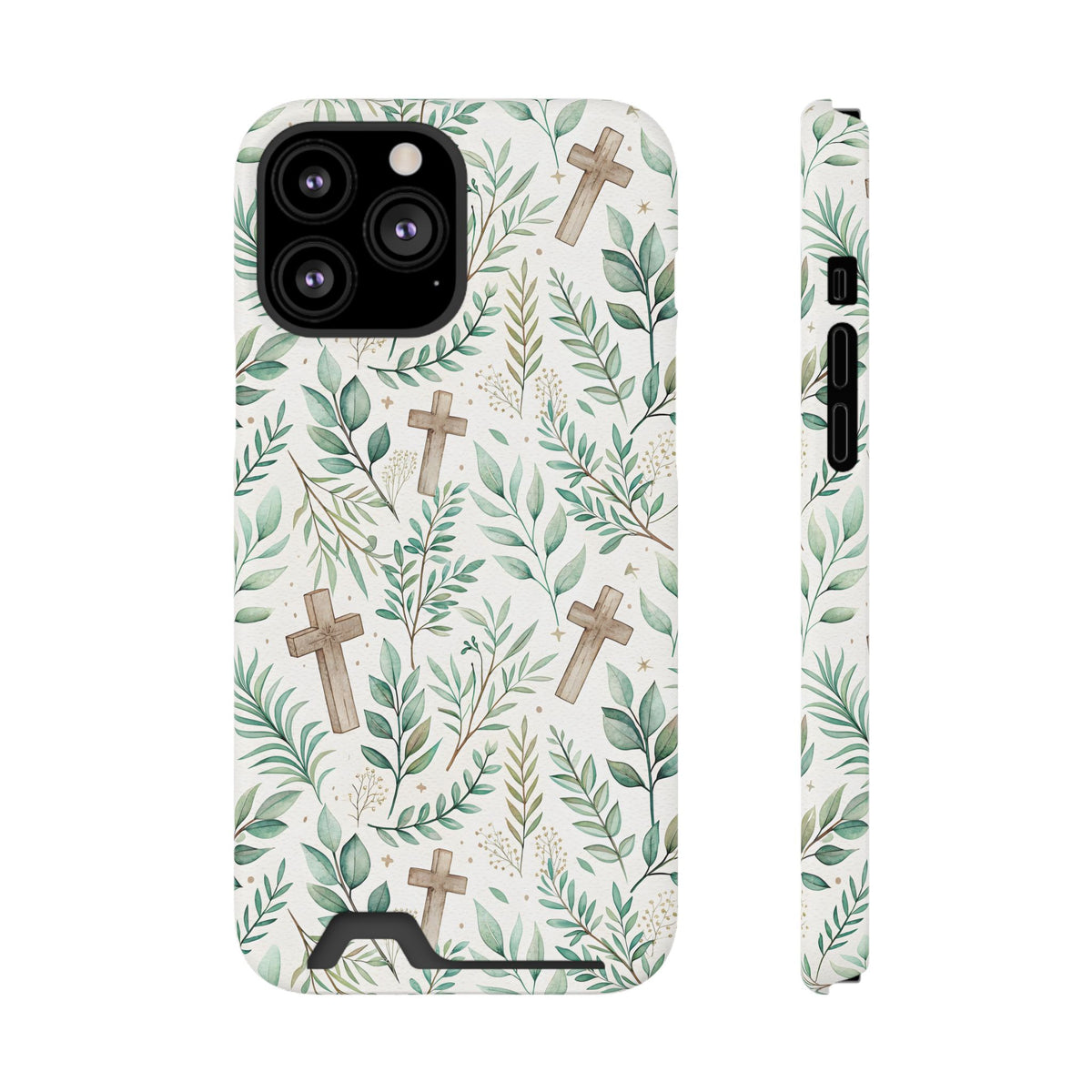 Sage Cross phone case with card holder for iPhone 13 Pro Max, glossy finish