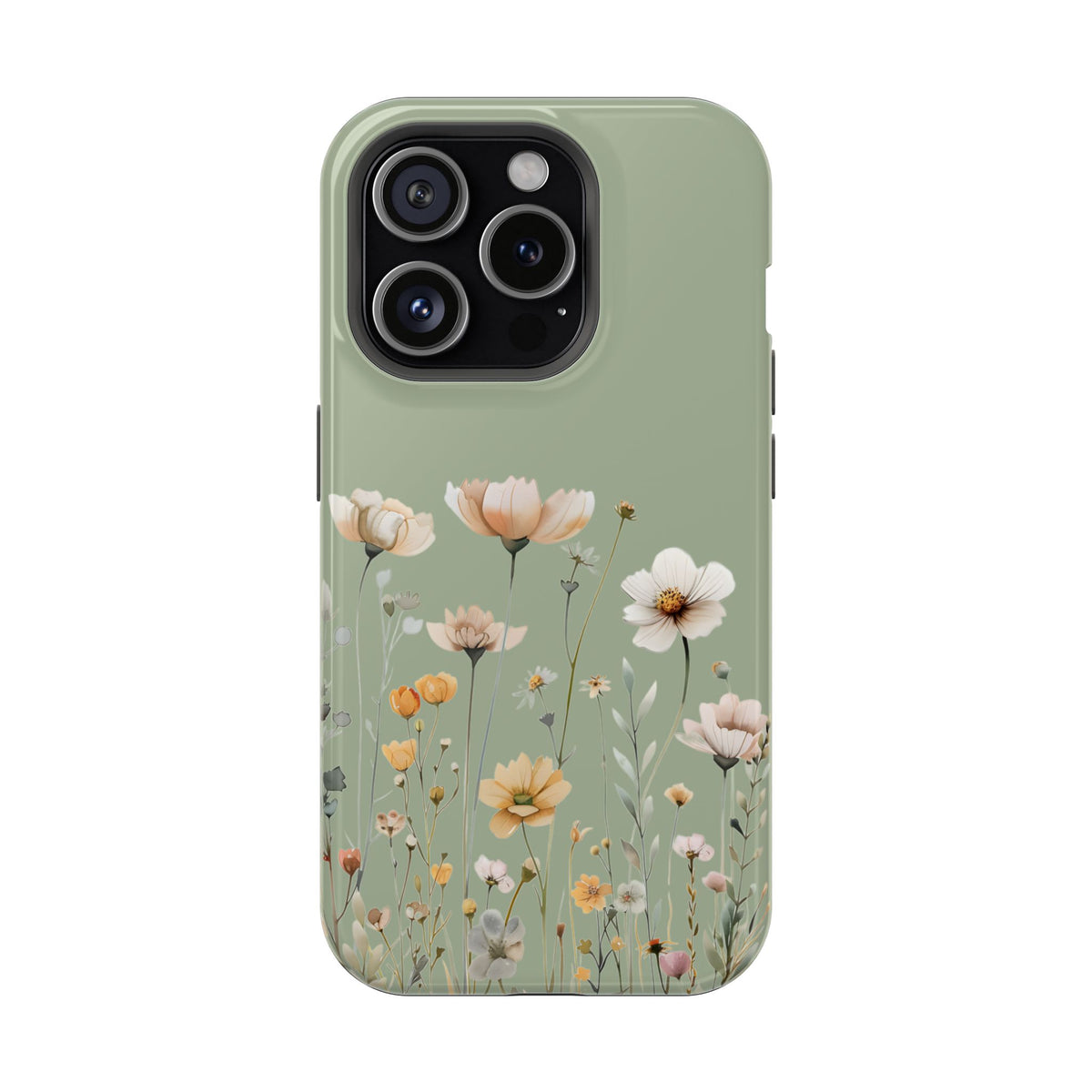 Sage Daisy protective phone case for iPhone 15 Pro, glossy finish