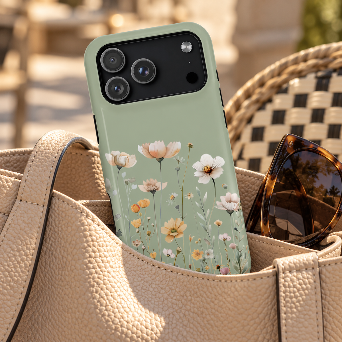 Sage Daisy protective phone case, white daisies and tiny blooms on sage green, lifestyle photo in a handbag