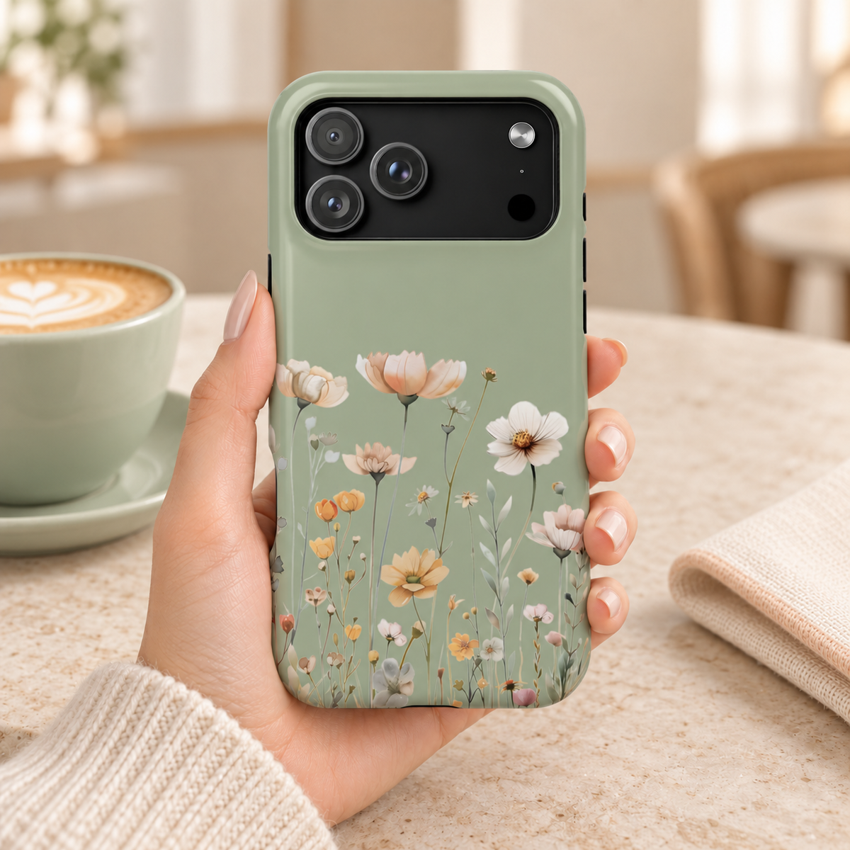 Sage Daisy protective phone case, white daisies and tiny blooms on sage green, lifestyle photo in hand with coffee