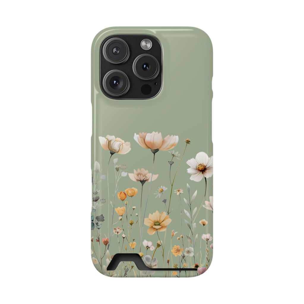 Sage Daisy phone case with card holder for iPhone 16 Pro, glossy finish