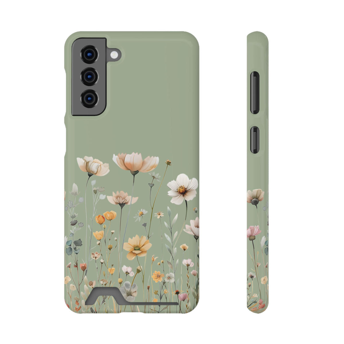 Sage Daisy phone case with card holder for Samsung Galaxy S21 Plus, glossy finish