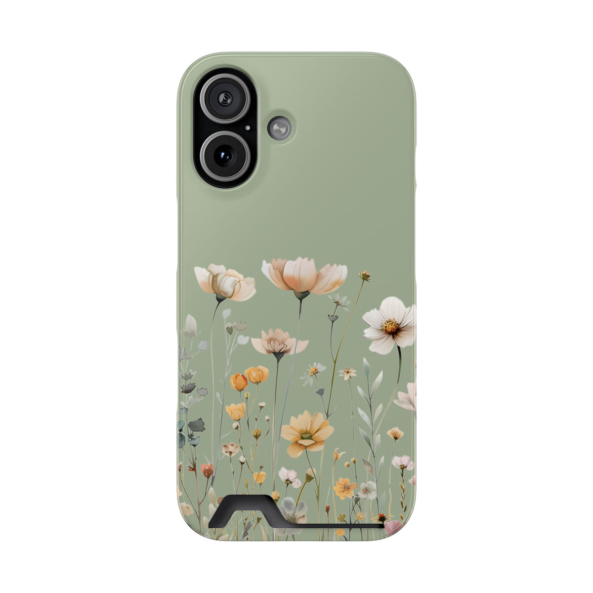 Sage Daisy phone case with card holder for iPhone 17, glossy finish