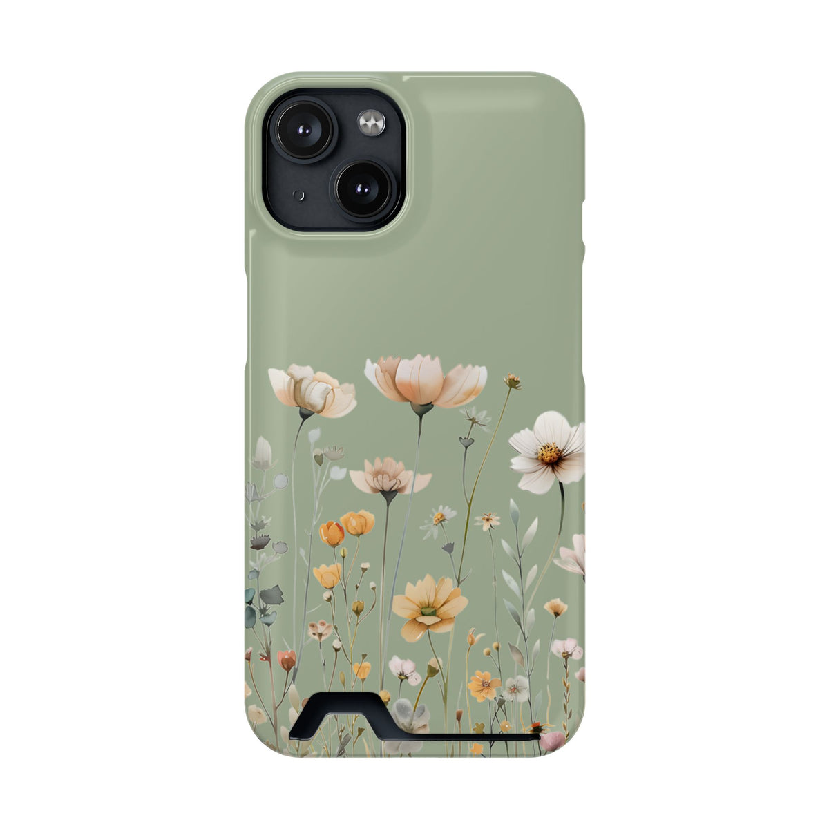 Sage Daisy phone case with card holder for iPhone 14, glossy finish