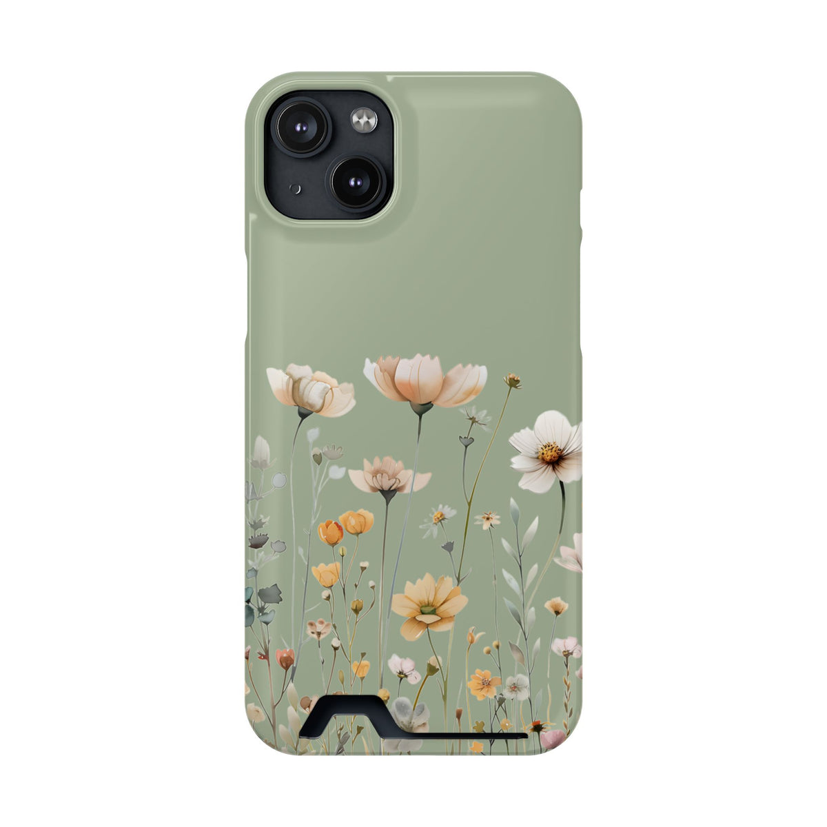 Sage Daisy phone case with card holder for iPhone 14 Plus, glossy finish