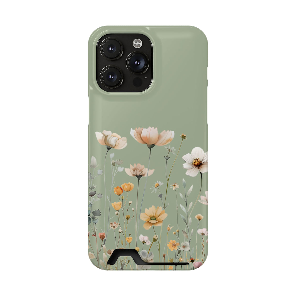 Sage Daisy phone case with card holder for iPhone 14 Pro Max, glossy finish