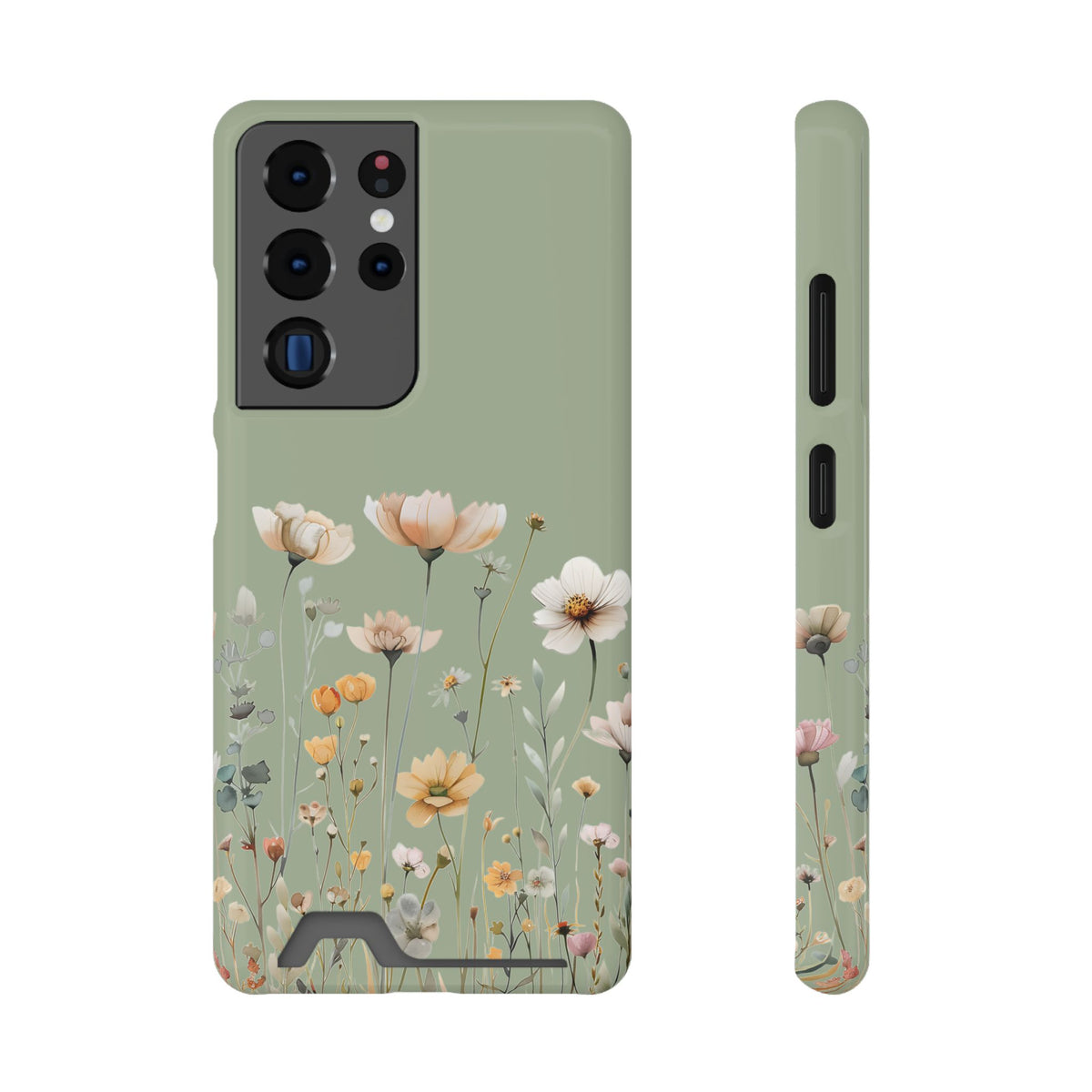 Sage Daisy phone case with card holder for Samsung Galaxy S22 Plus, glossy finish