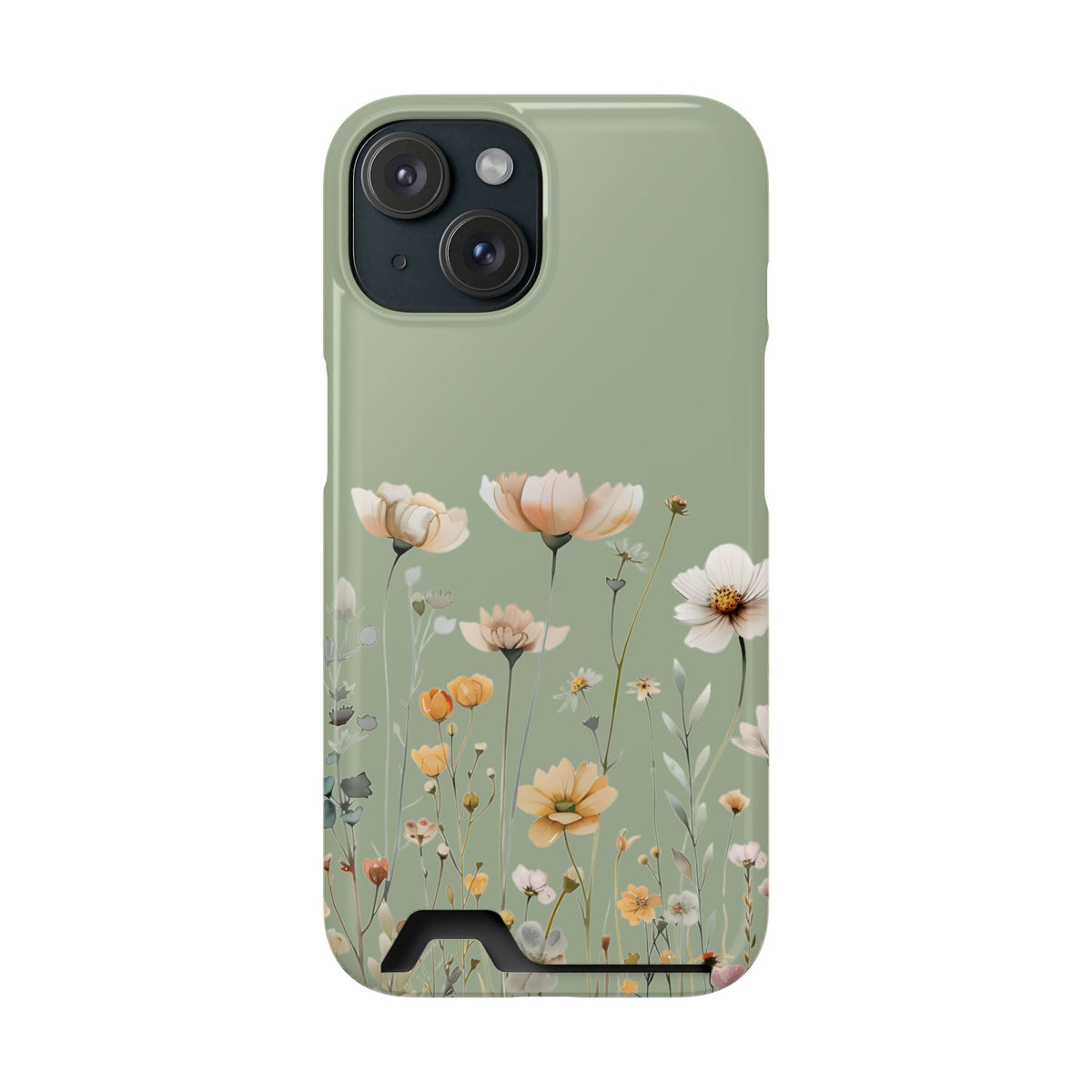 Sage Daisy phone case with card holder for iPhone 15, glossy finish
