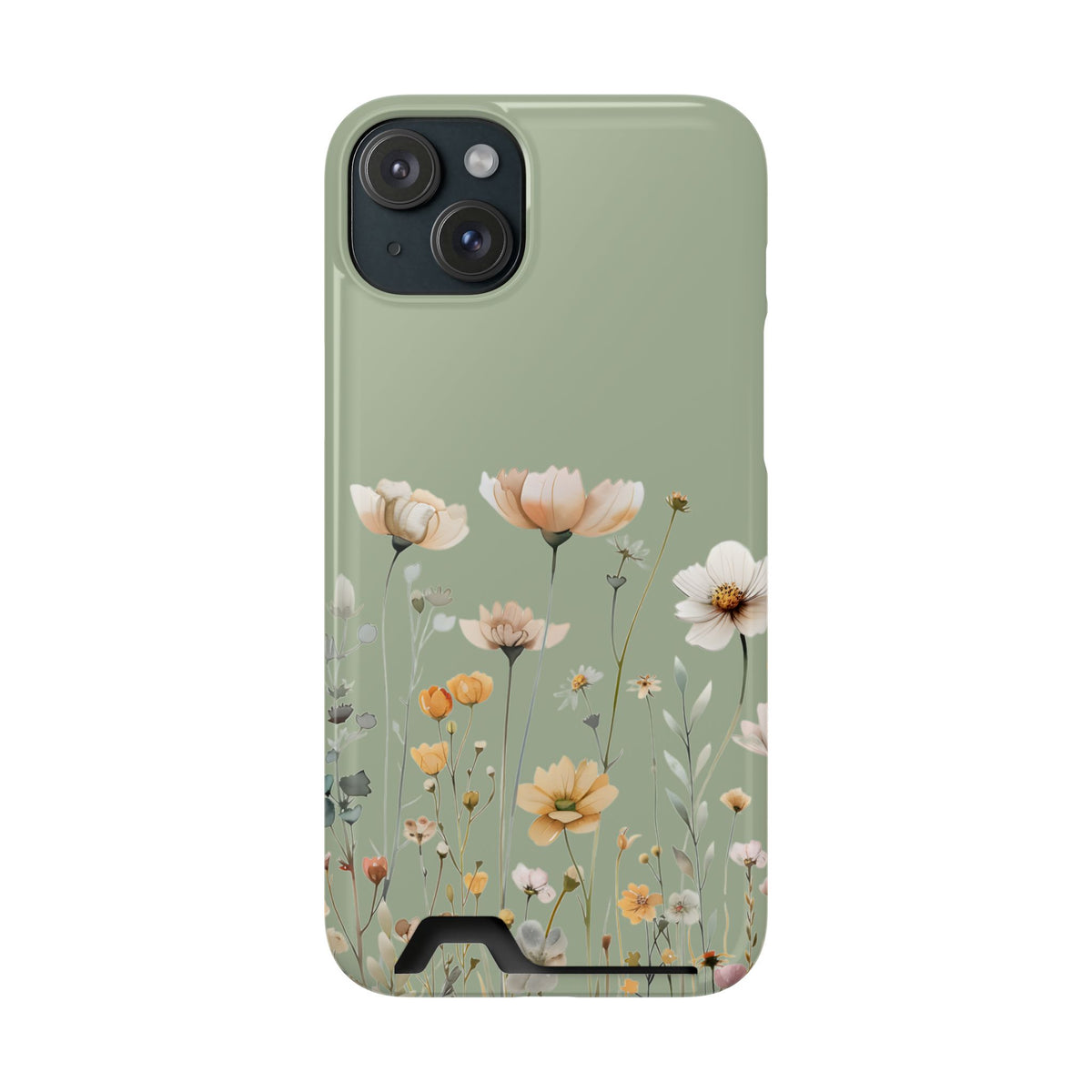 Sage Daisy phone case with card holder for iPhone 15 Plus, glossy finish