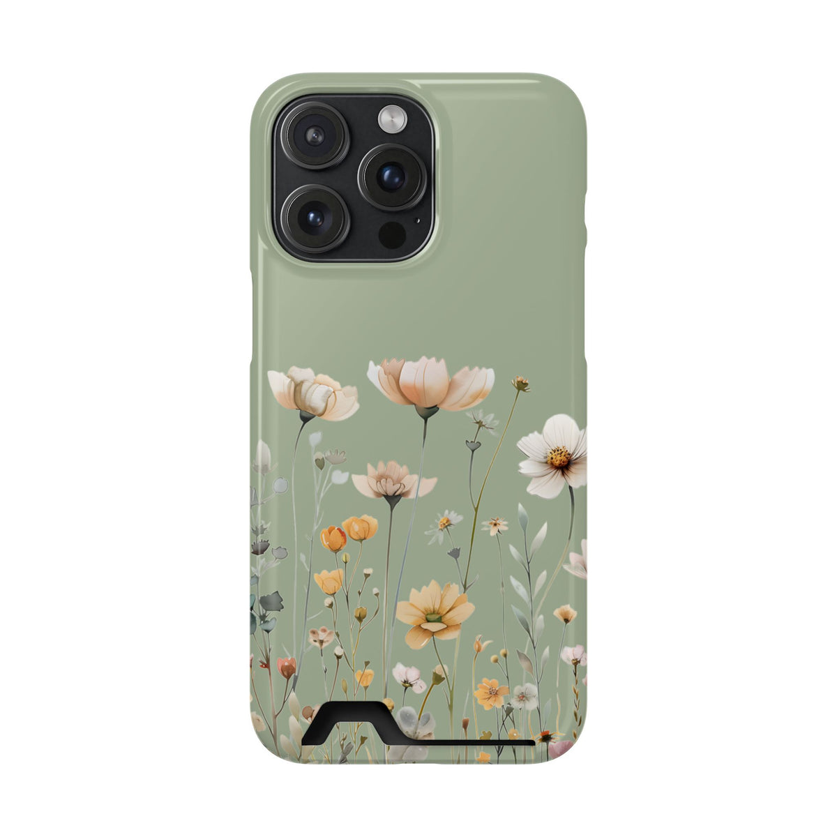 Sage Daisy phone case with card holder for iPhone 15 Pro Max, glossy finish