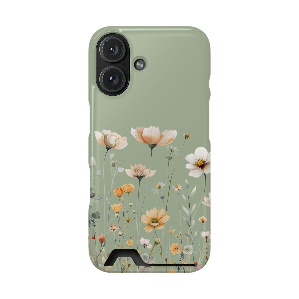 Sage Daisy phone case with card holder for iPhone 16, glossy finish