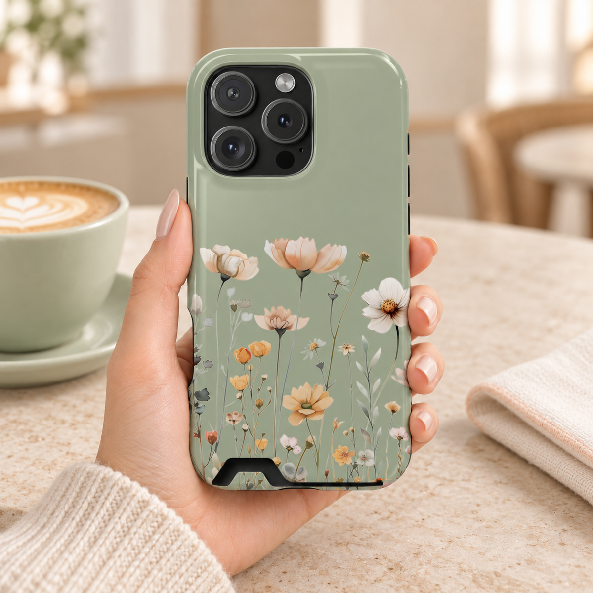 Sage Daisy phone case with card holder, white daisies and tiny blooms on sage green, lifestyle photo in hand with coffee