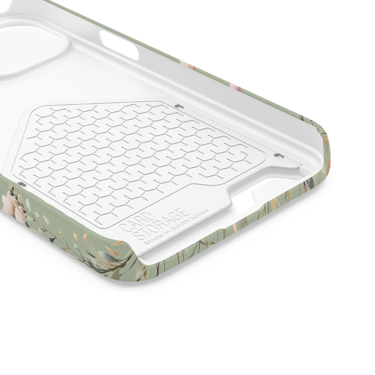 Sage Daisy phone case with card holder for iPhone 13, glossy finish
