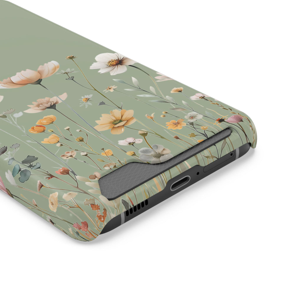Sage Daisy phone case with card holder, close-up of the card slot
