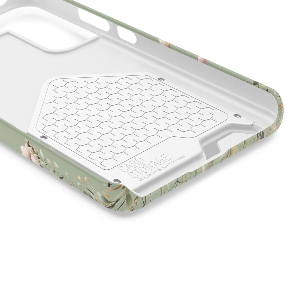 Sage Daisy phone case with card holder, close-up of the inside