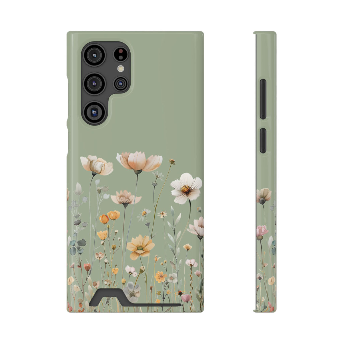 Sage Daisy phone case with card holder for Samsung Galaxy S22 Ultra, glossy finish