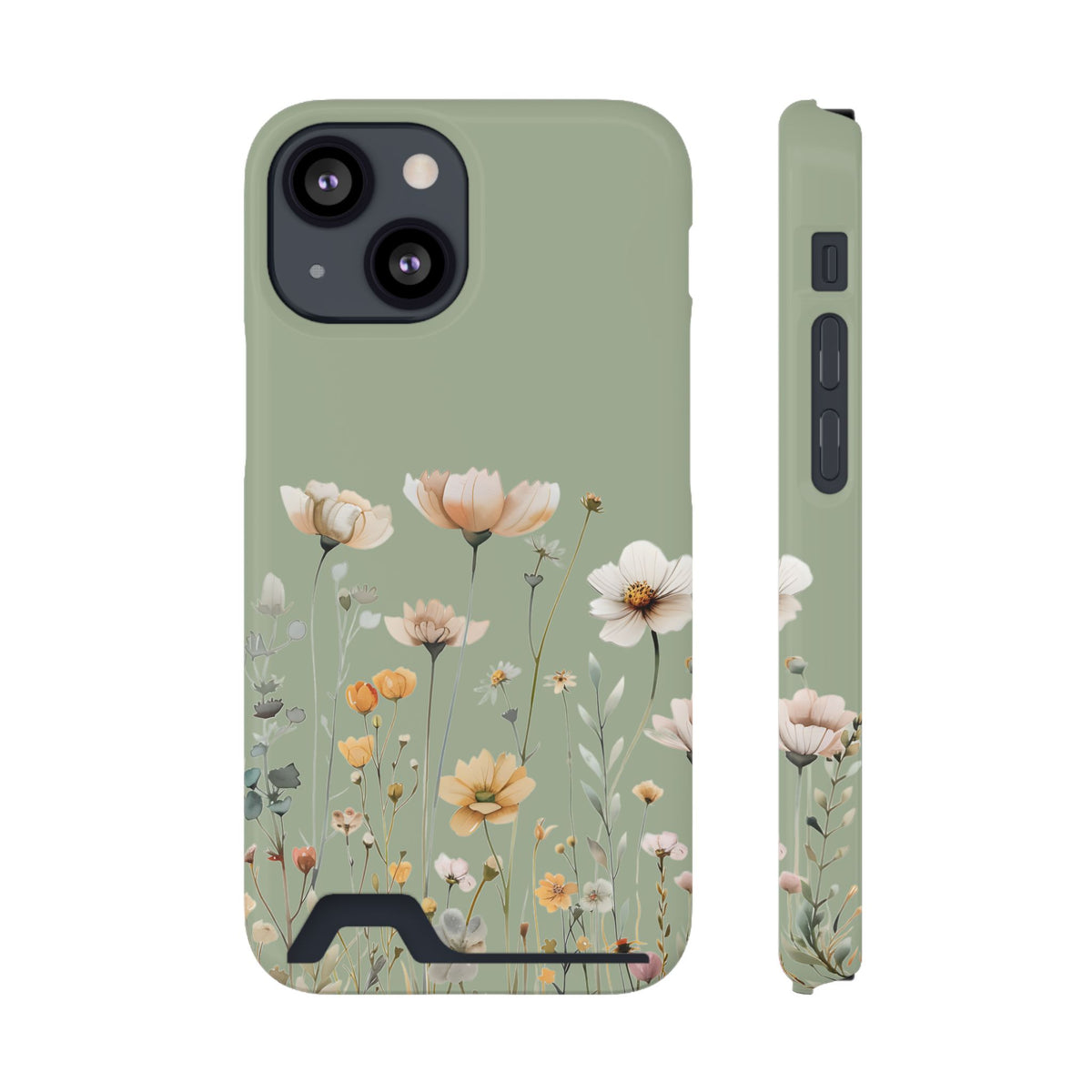 Sage Daisy phone case with card holder for iPhone 13 Mini, glossy finish