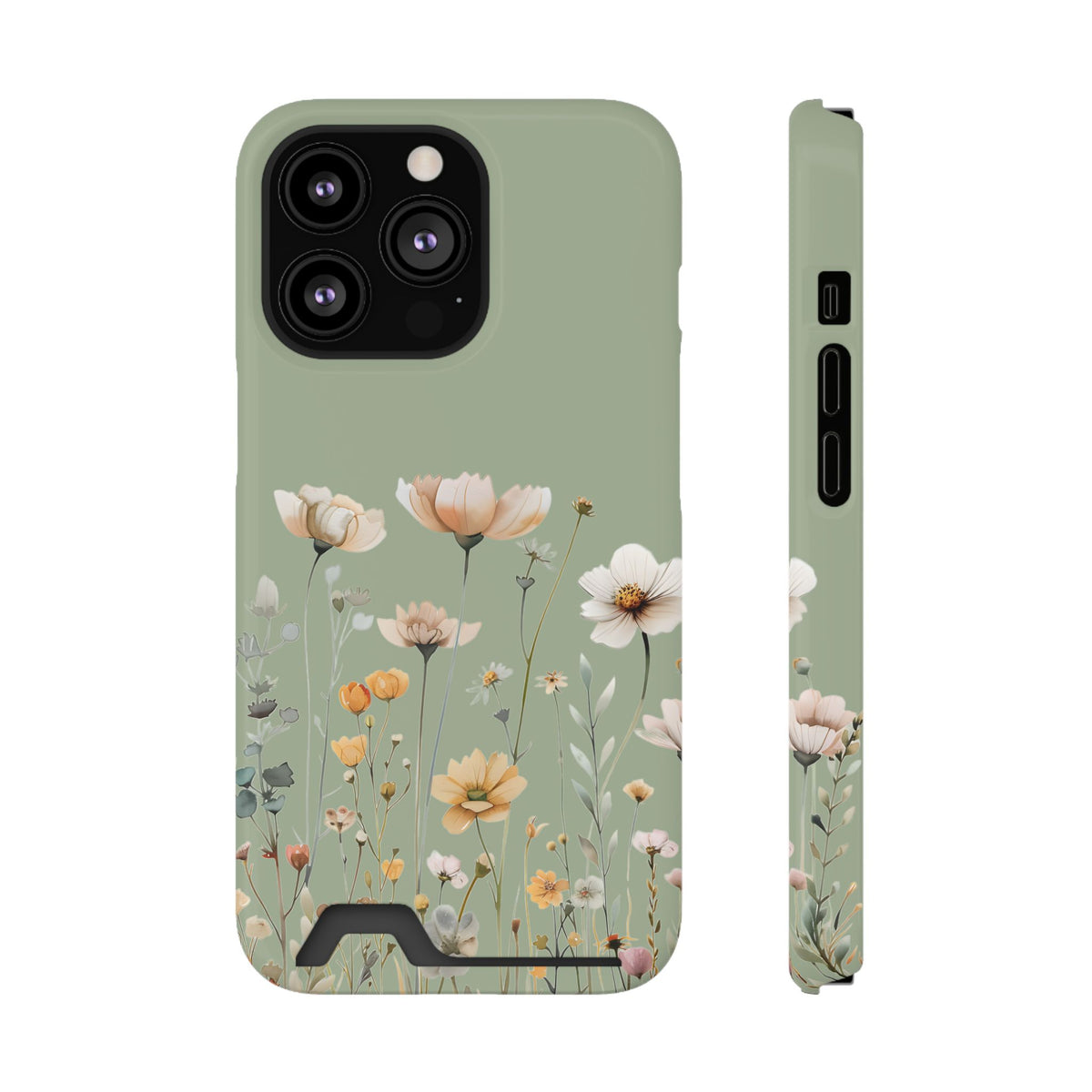 Sage Daisy phone case with card holder for iPhone 13 Pro, glossy finish